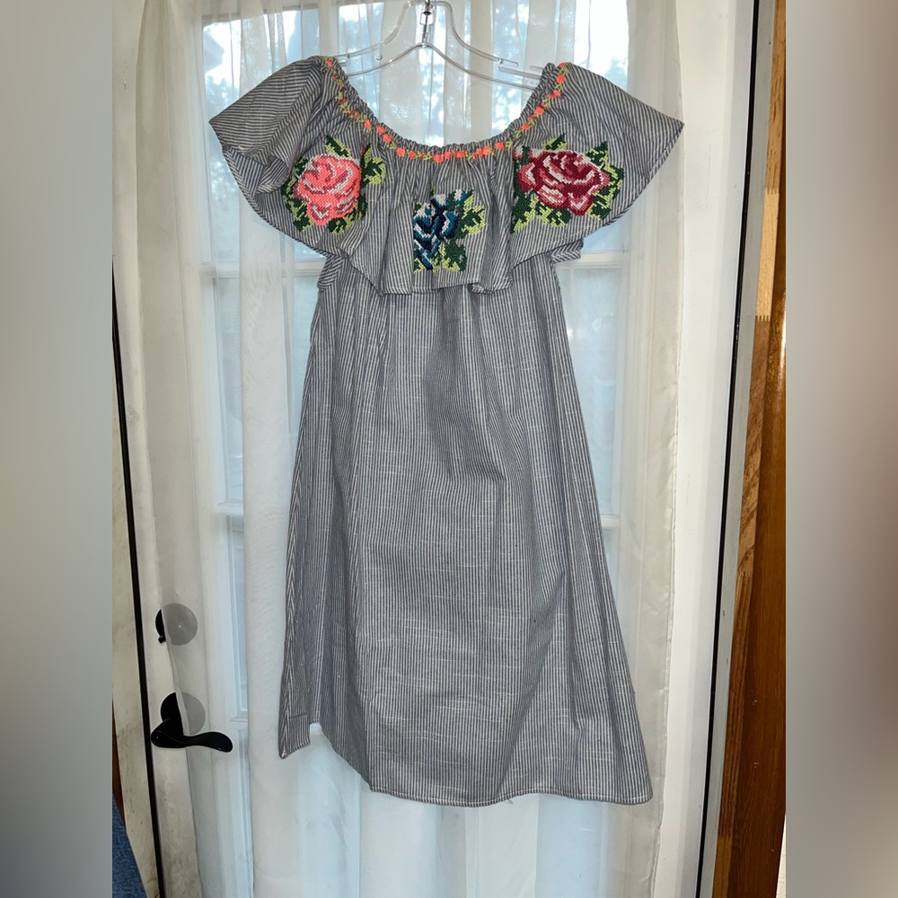 Velzera Off-Shoulder Striped Dress with Floral Embroidery